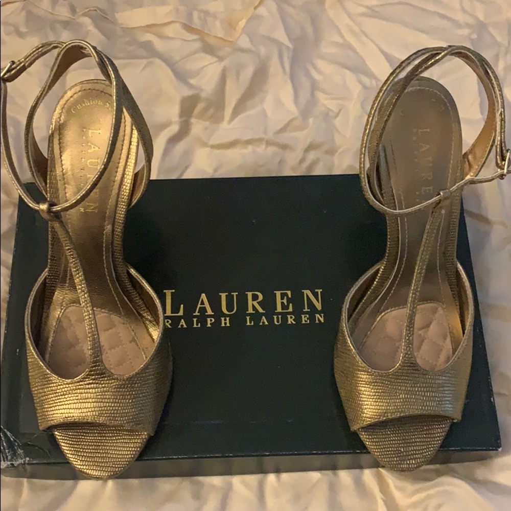 Ralph Lauren gold t strap heels, size 6.5